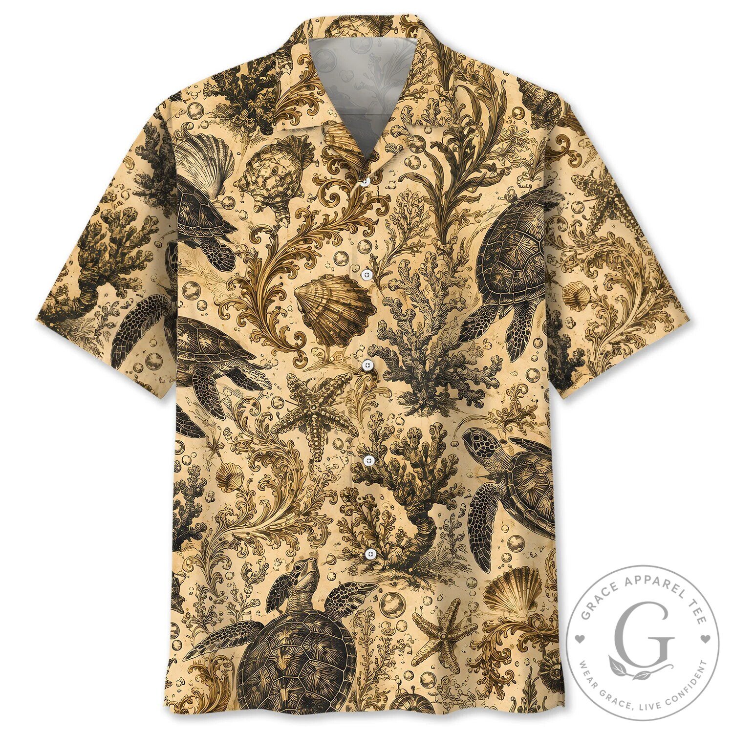 Vintage Sea Turtle Ocean Coral Reef Hawaiian Shirt for Men and Women
