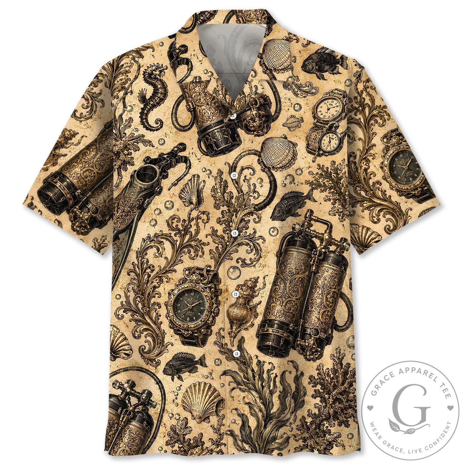 Vintage Scuba Diving Gear and Sea Creatures Hawaiian Shirt