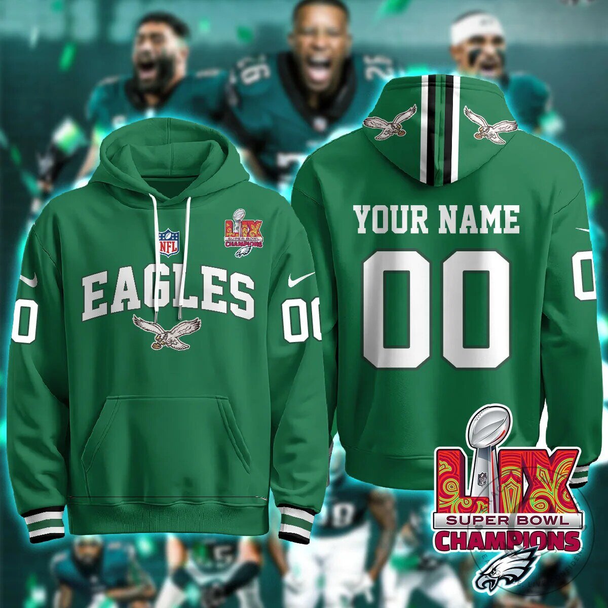 Philadelphia Eagles Super Bowl LIX Champions Custom Green Hoodie