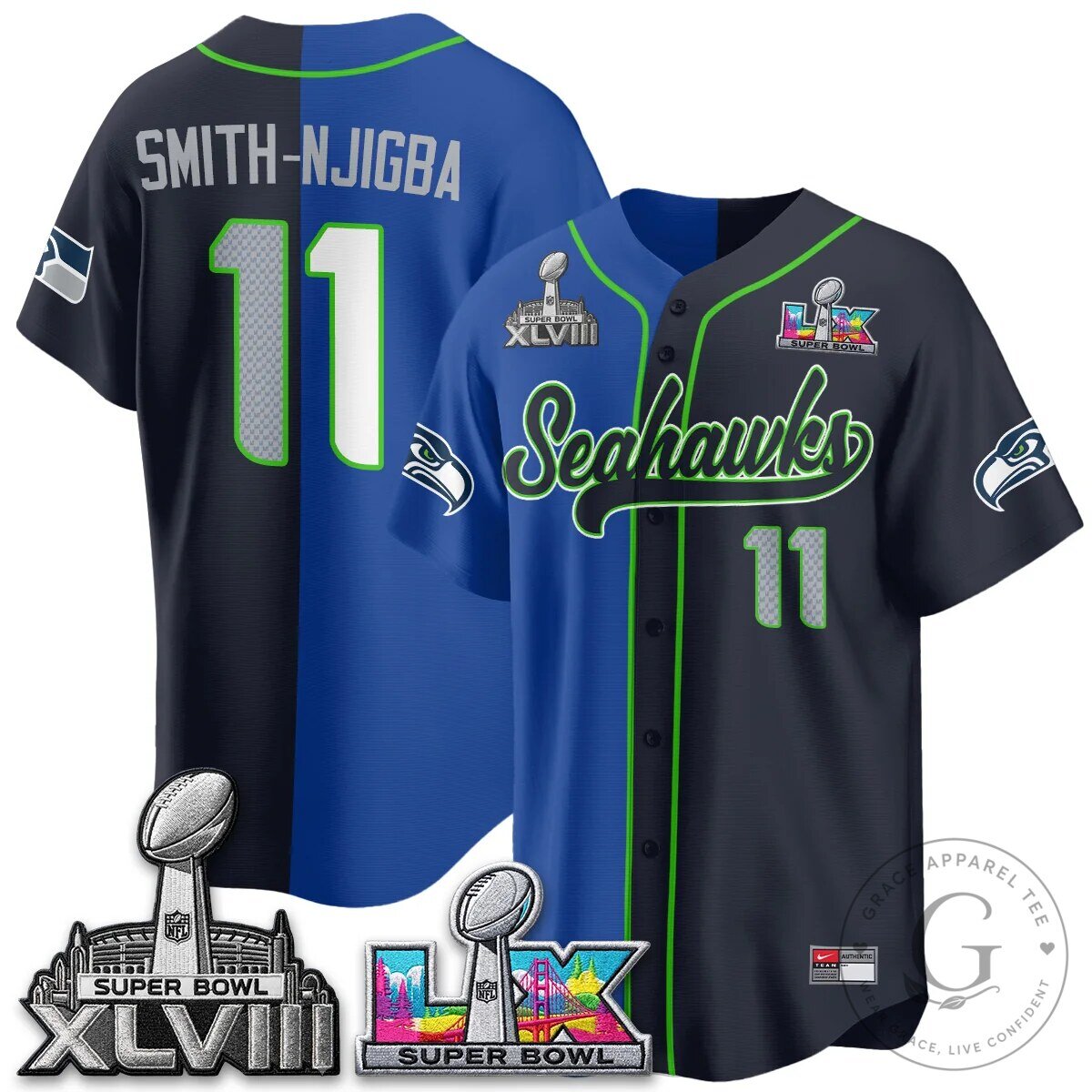 Seattle Seahawks Jaxon Smith-Njigba Super Bowl Split Baseball Jersey
