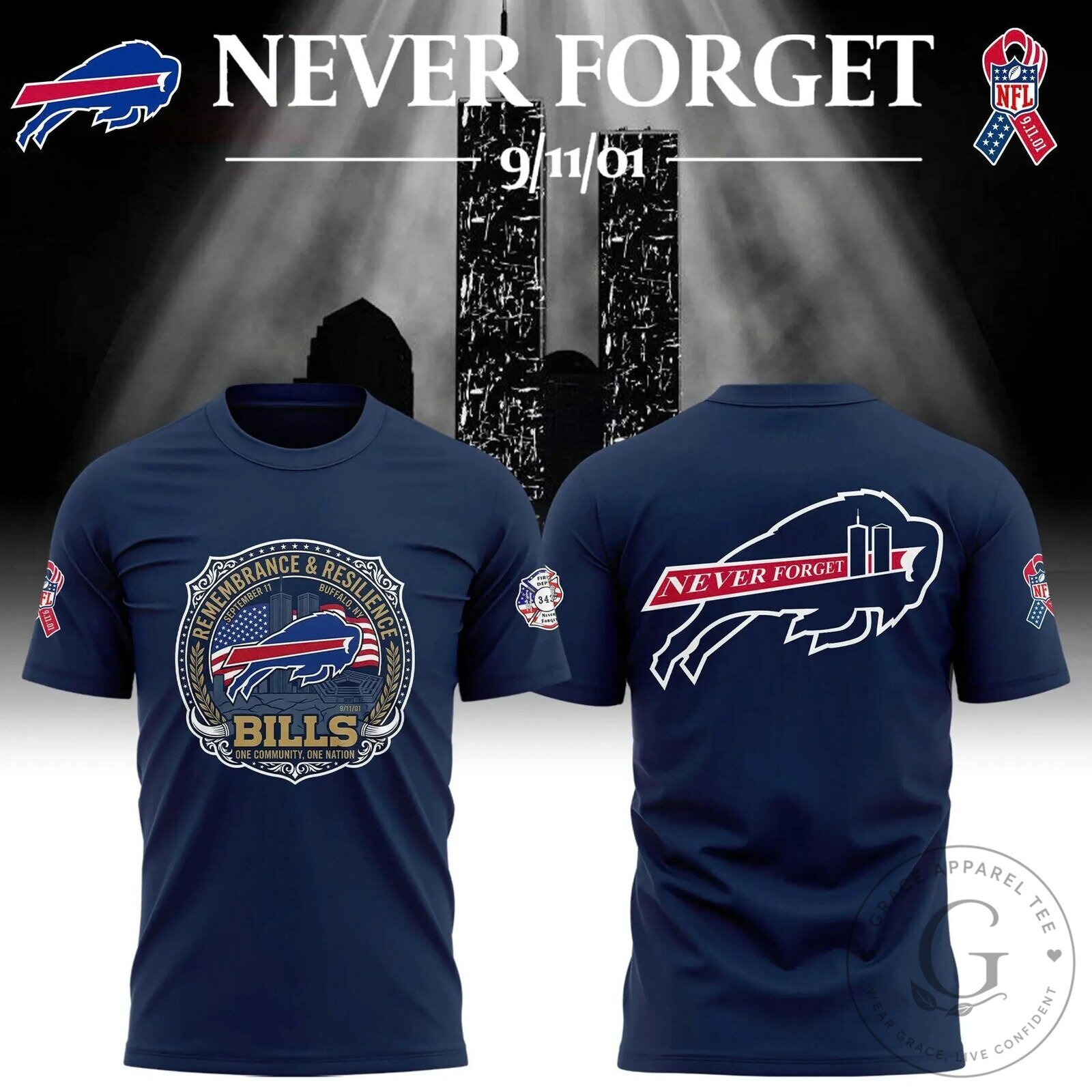 Never Forget 9/11 Buffalo Bills Football Remembrance T-Shirt