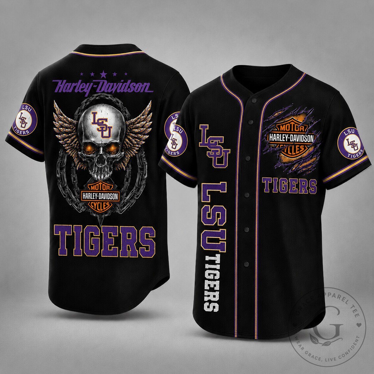 Harley Davidson Shirt LSU Tigers Skull Wings Baseball Jersey
