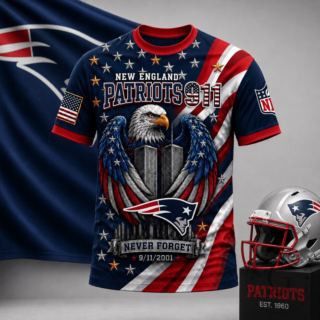 New England Patriots Never Forget 9/11 Memorial T-Shirt