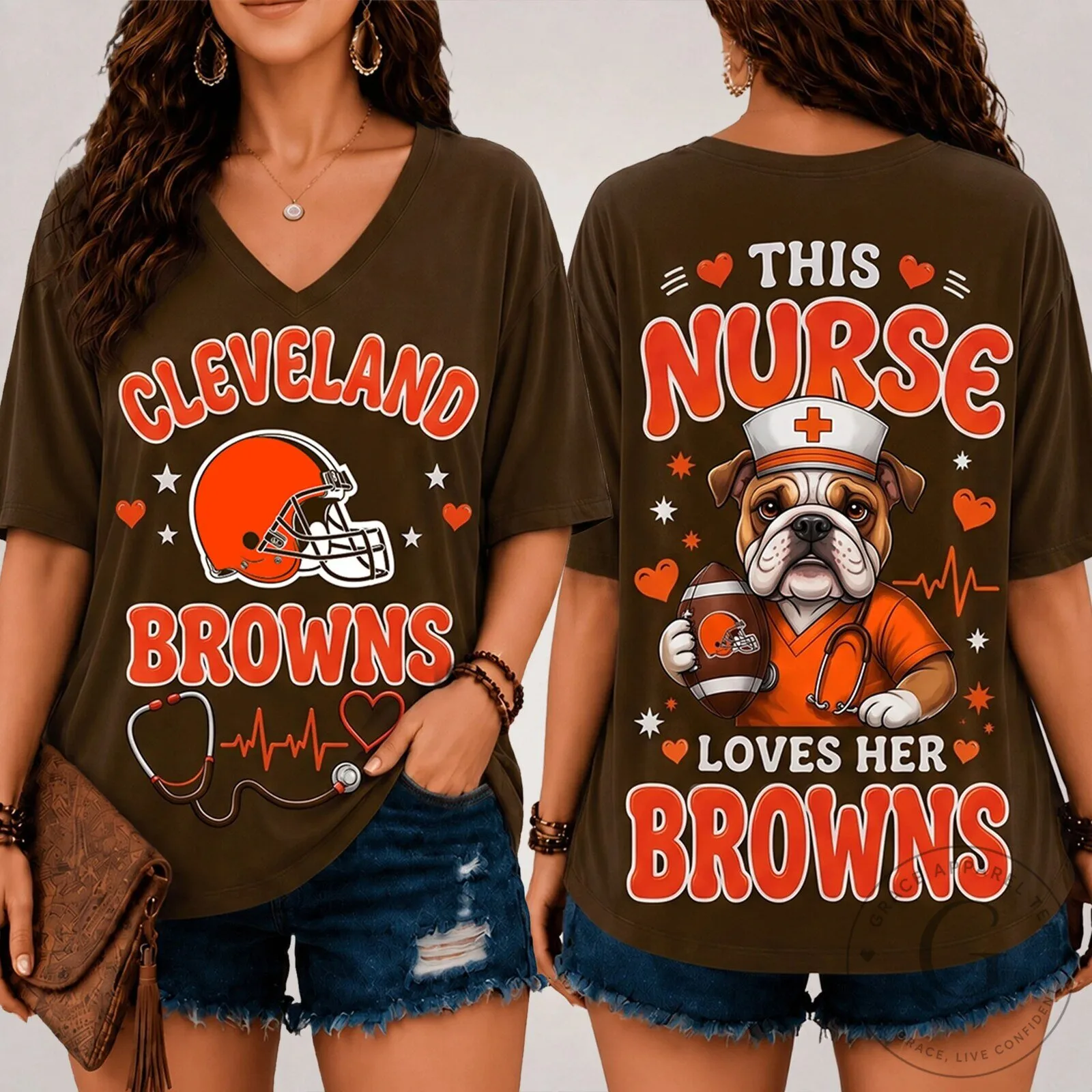 Cleveland Browns Nurse Shirt, Football Team Fan Apparel, V-Neck T-Shirt