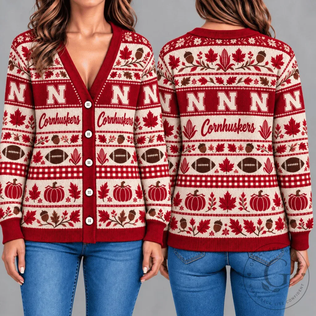 Nebraska Cornhuskers Football Autumn Leaves Knitted Cardigan Sweater