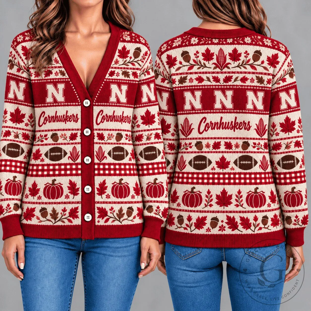 Nebraska Cornhuskers Football Autumn Leaves Knitted Cardigan Sweater