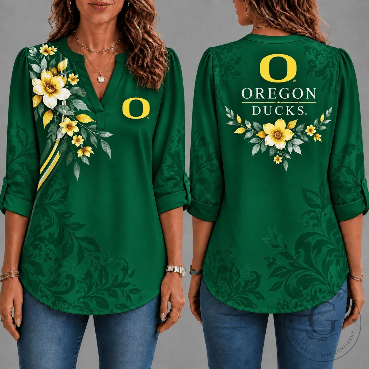 Oregon Ducks Floral Design Long Sleeve V-Neck Blouse for Women