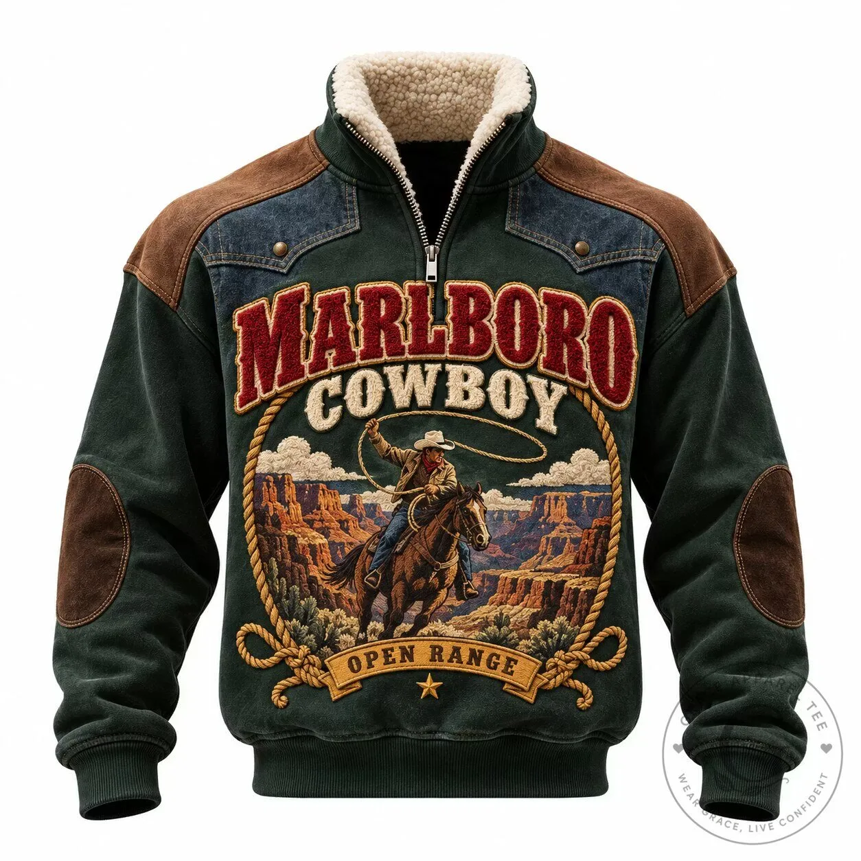 Marlboro Cowboy Open Range Western Style Half-Zip Faux Fur Collar Jacket