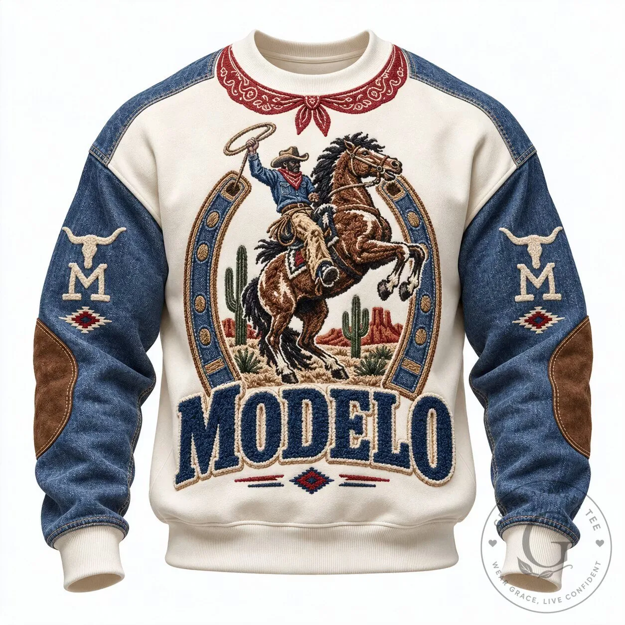 Modelo Beer Cowboy Rodeo Western Denim Style Long-Sleeve Sweatshirt