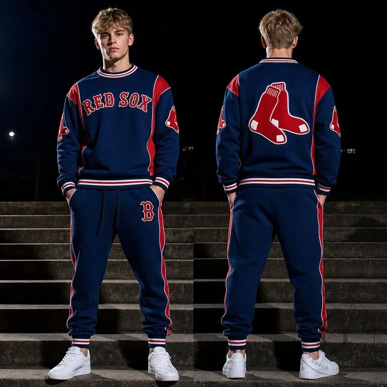 Unisex Jogger Pants and Crewneck Sweatshirt Set featuring Boston Red Sox Baseball Team Logo