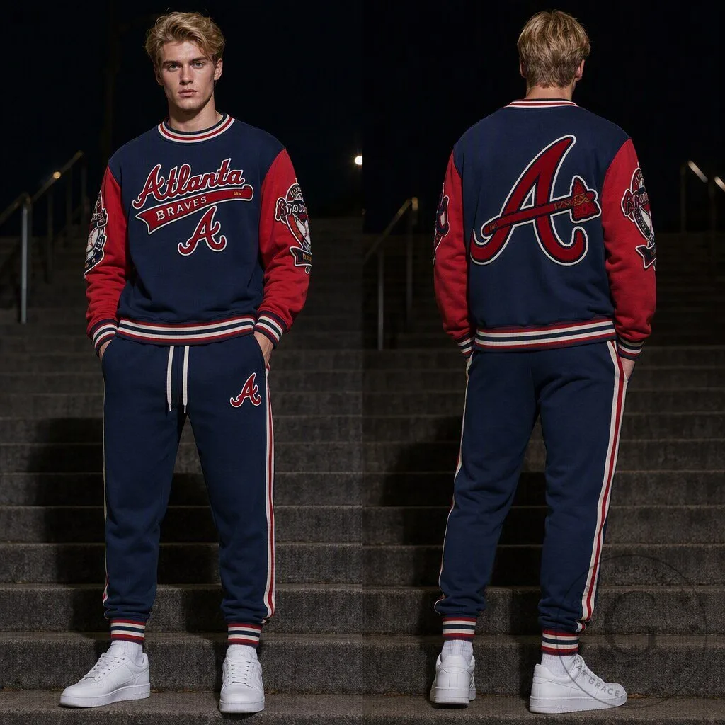 Atlanta Braves Vintage Baseball Graphic Print Sweatshirt and Pants Set