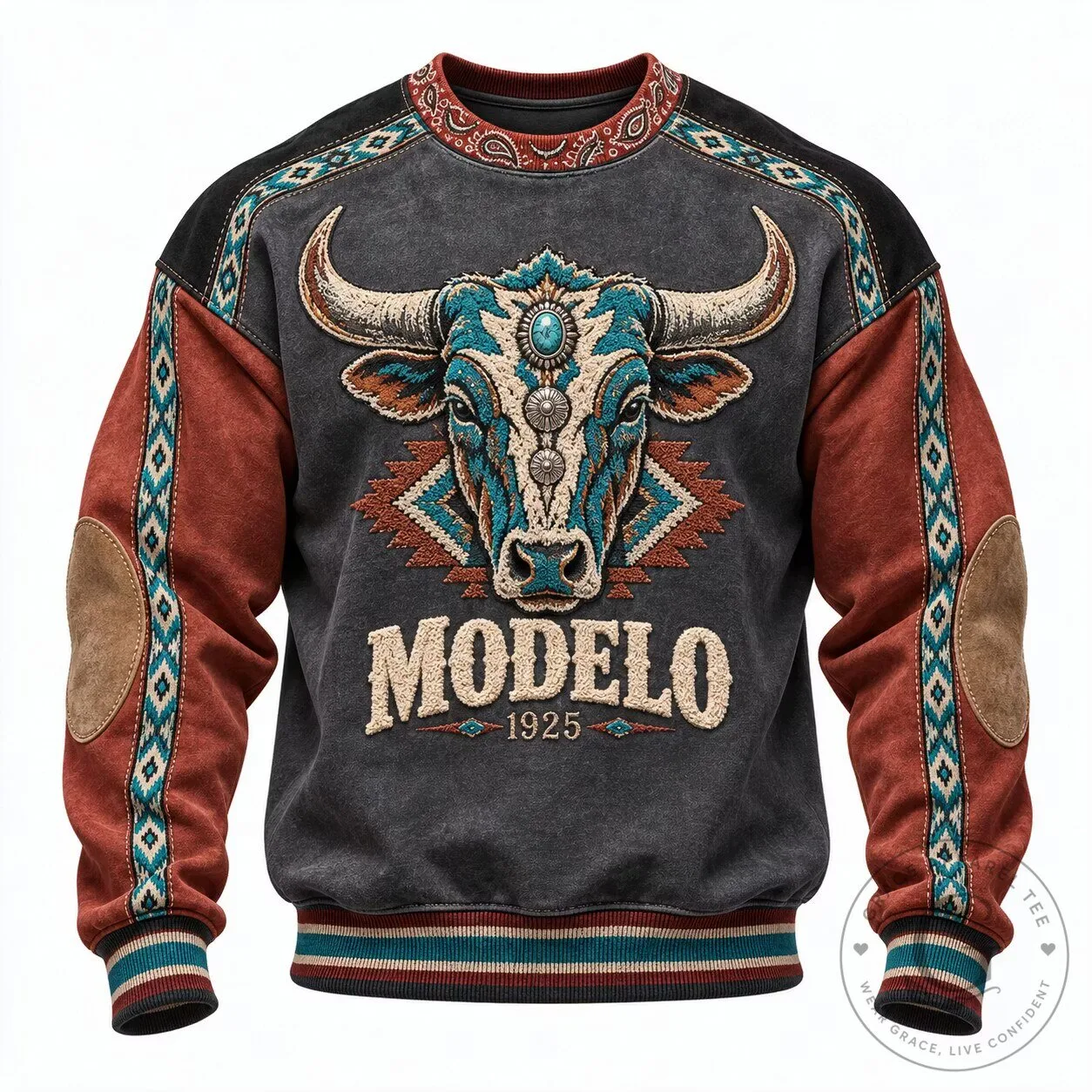 Modelo Beer Bull Skull Western Style Crewneck Long-Sleeve Sweatshirt