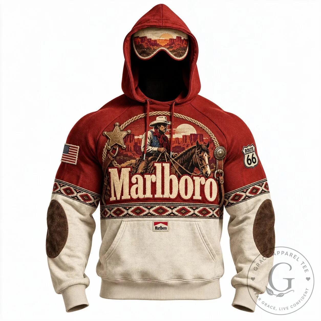 Marlboro Cowboy Route 66 Western Sunset Red Hoodie