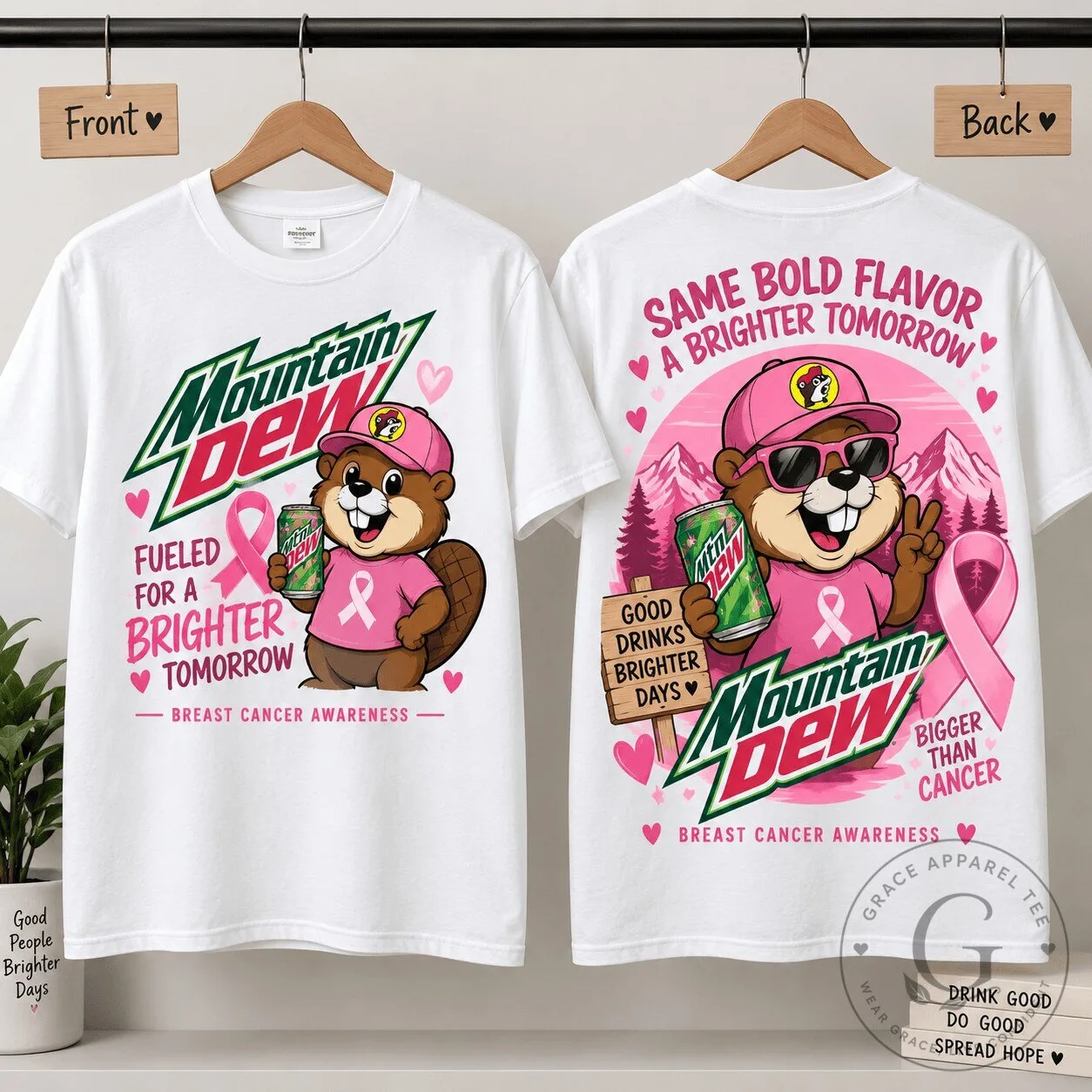 Mountain Dew Breast Cancer Awareness Beaver Pink Ribbon T-Shirt