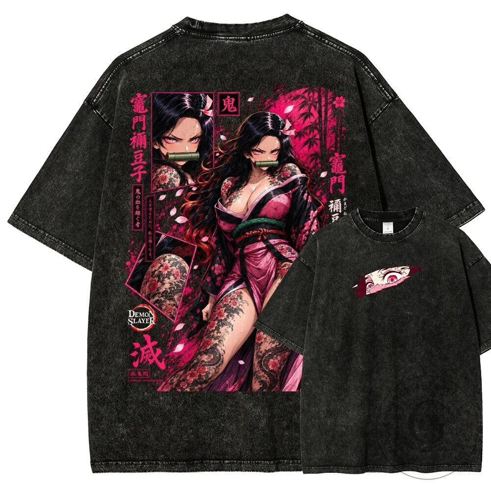 Demon Slayer Washed T-Shirt with Nezuko Kamado Anime Graphic