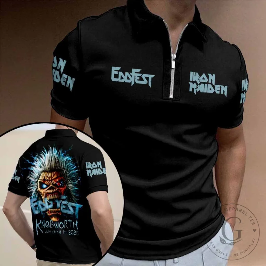 Iron Maiden Eddfest Knebworth 2026 World Tour Black Zip Polo Shirt