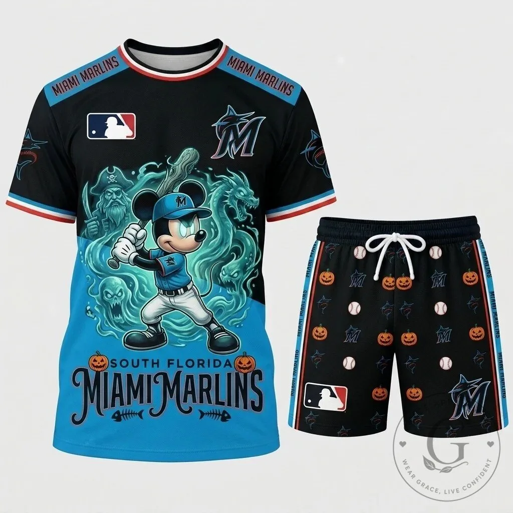 Halloween Miami Marlins Baseball Fan Shirt Mickey Mouse Cartoon Short Sleeve Jersey