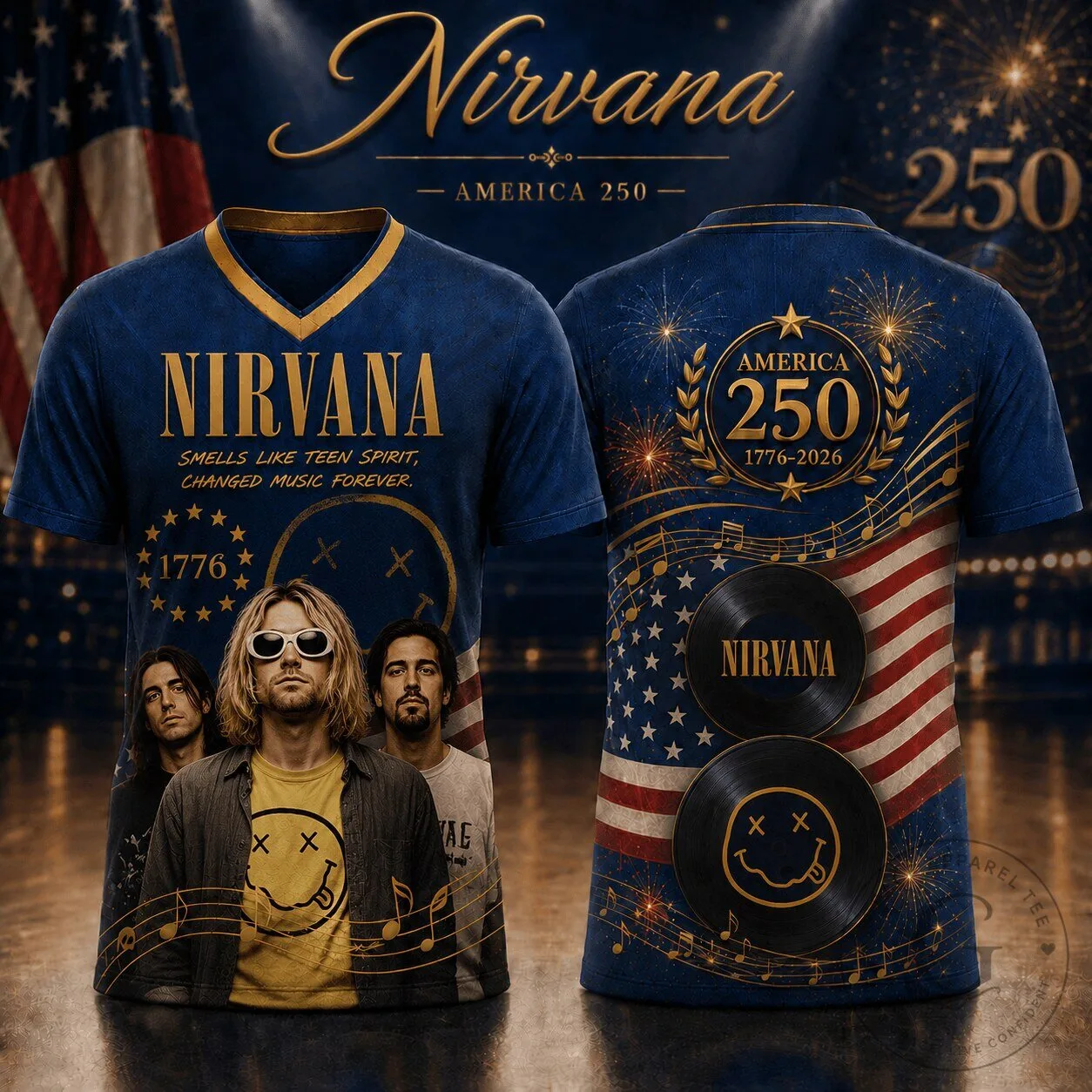 Nirvana Rock Band Shirt with Kurt Cobain Vintage Photo and America 250 Design