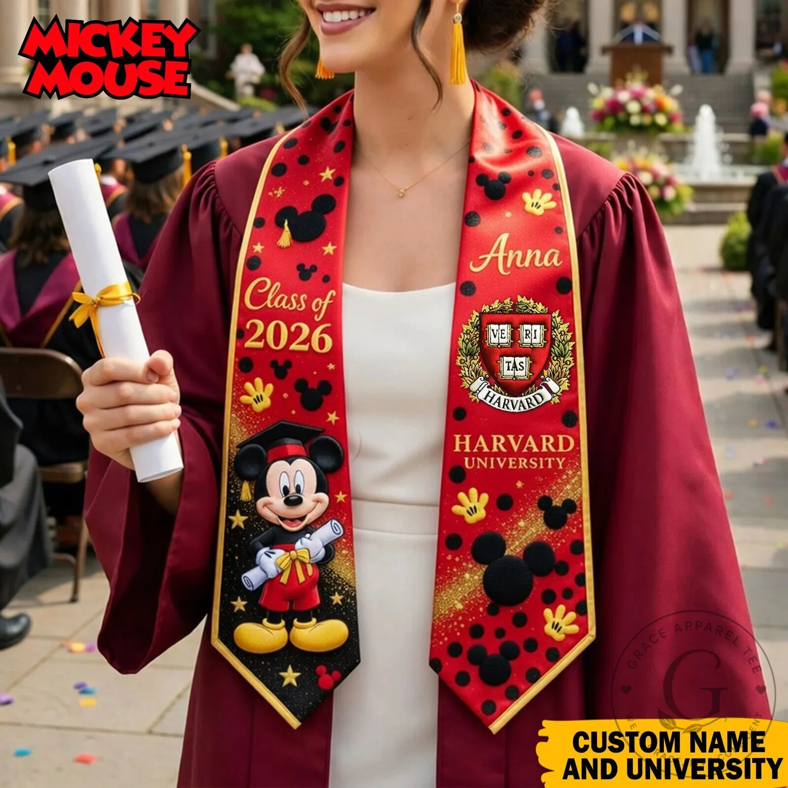 Personalized Graduation Stole for Class of 2026 featuring Mickey Mouse and Harvard University