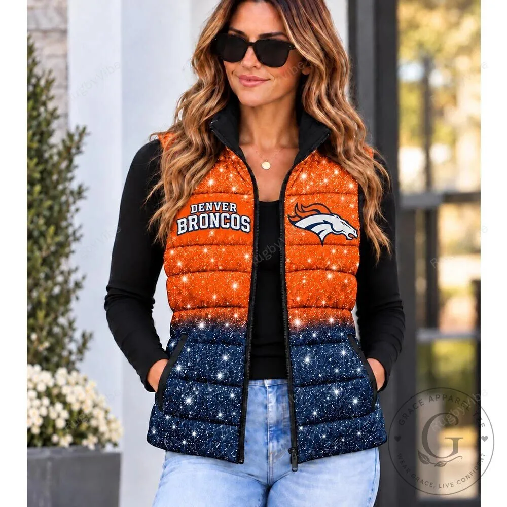Denver Broncos Glitter Sparkle Ombre Puffer Vest