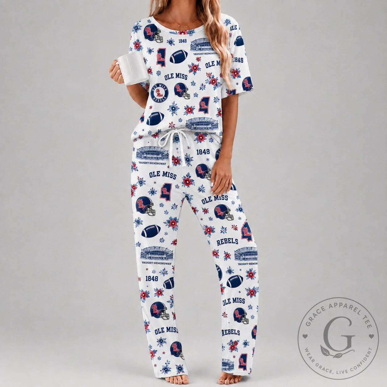 Ole Miss Rebels Football Team Vaught Hemingway Stadium Pattern Pajamas Set