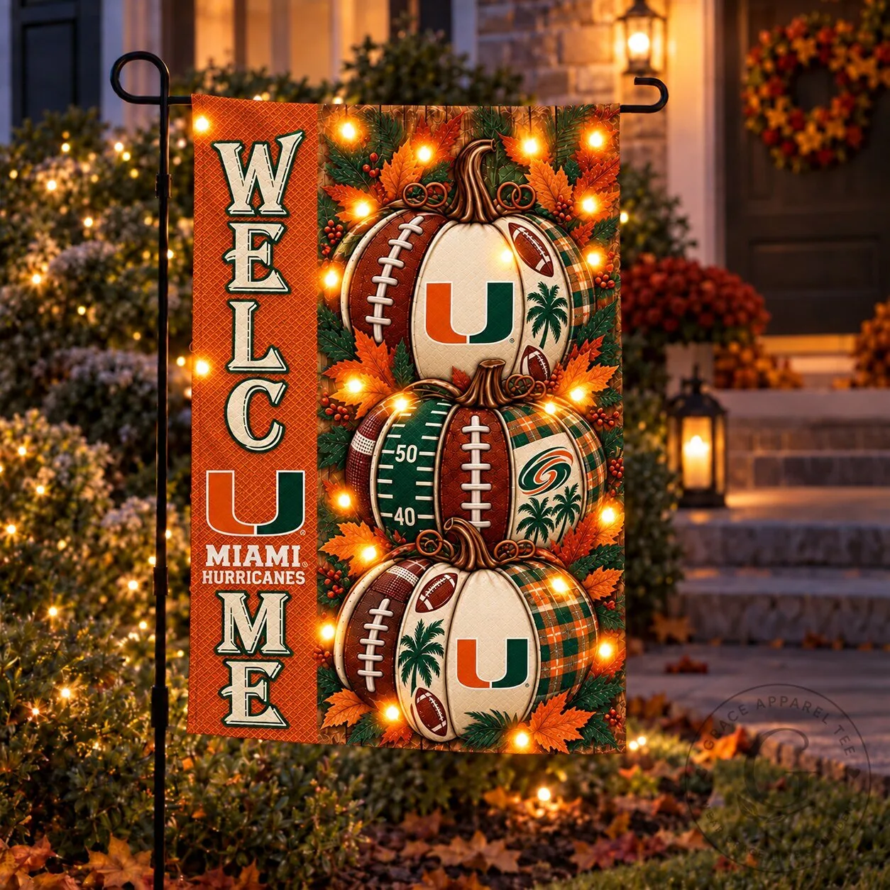 Miami Hurricanes Welcome Pumpkin Autumn Football Garden Flag