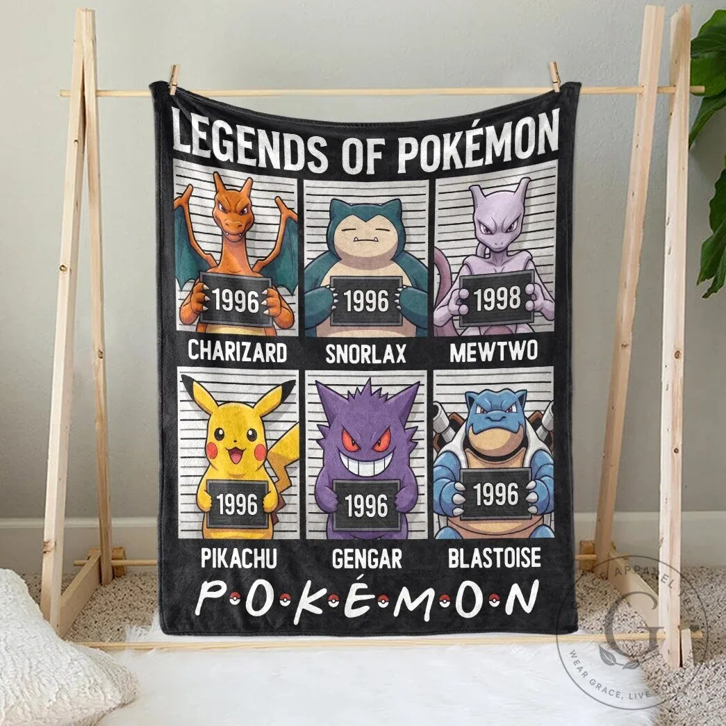 Legends of Pokemon Mugshots Blanket with Charizard Snorlax Mewtwo Pikachu Gengar Blastoise
