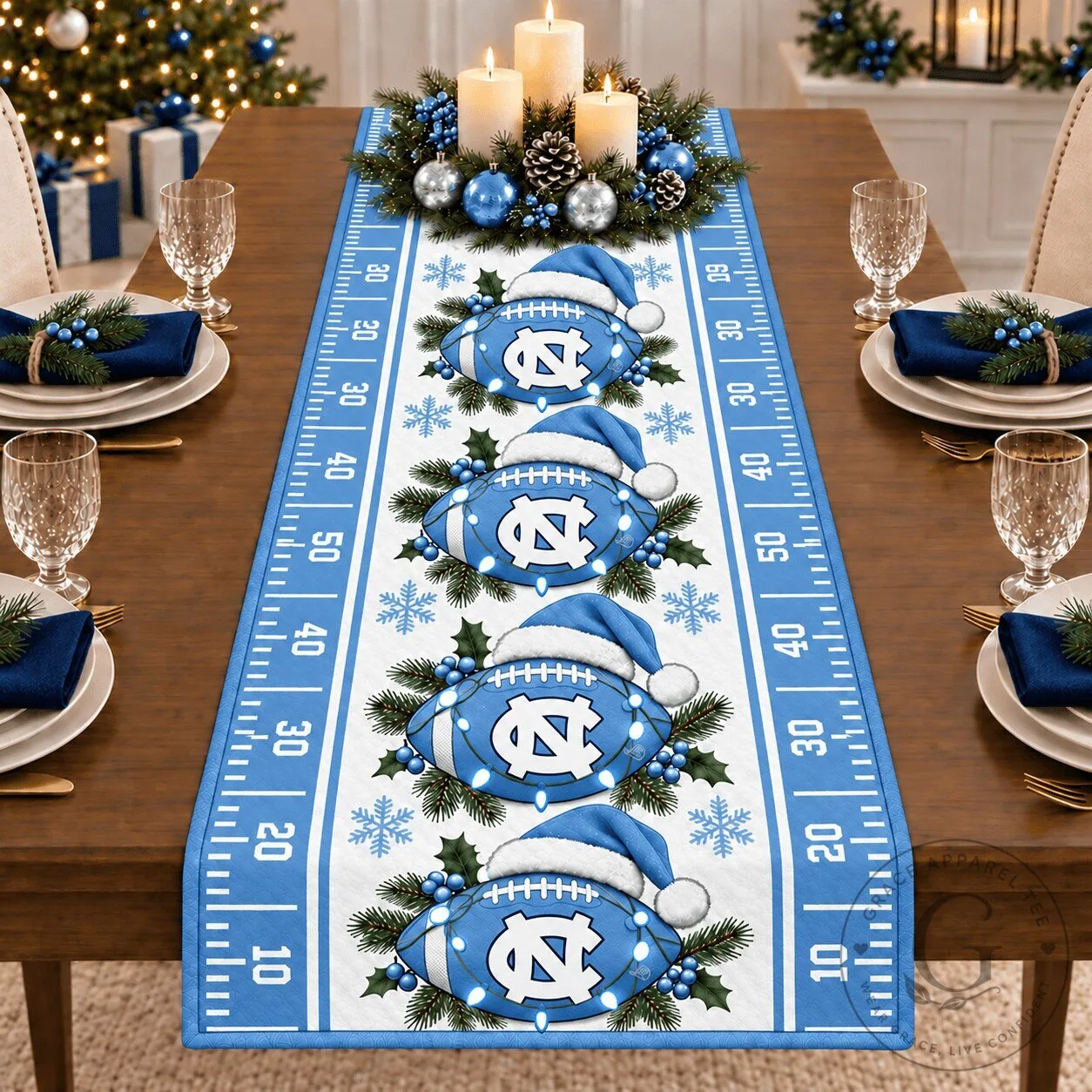 North Carolina Tar Heels Christmas Football Field Table Runner