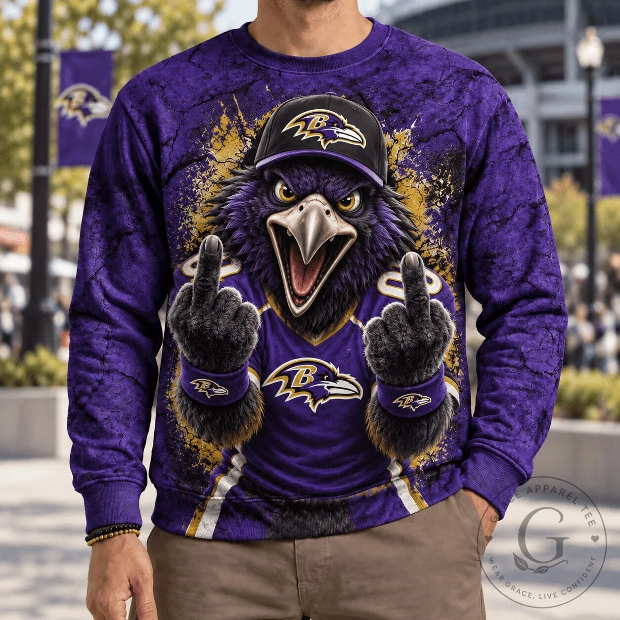 Baltimore Ravens Football Mascot Middle Finger Purple All Over Print Sweatshirt