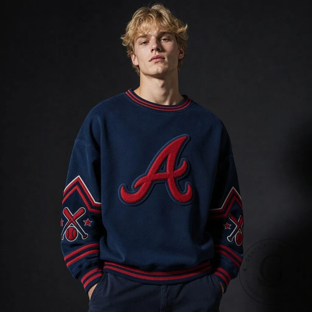 Atlanta Braves Baseball Team Navy Blue Crewneck Sweatshirt With Red Letter A Patch