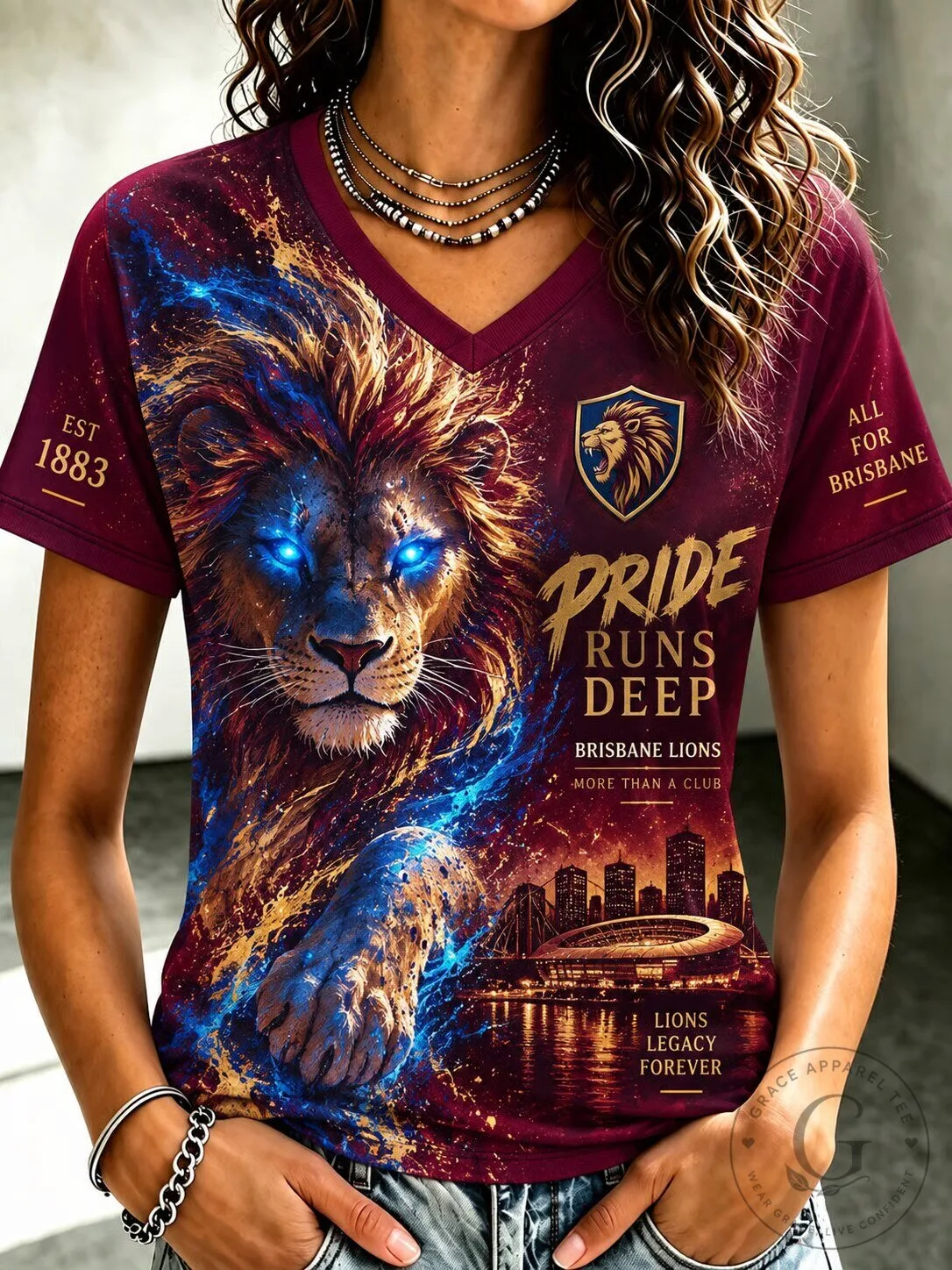 Brisbane Lions Australian Rules Football Pride Runs Deep Fan V-Neck T-Shirt