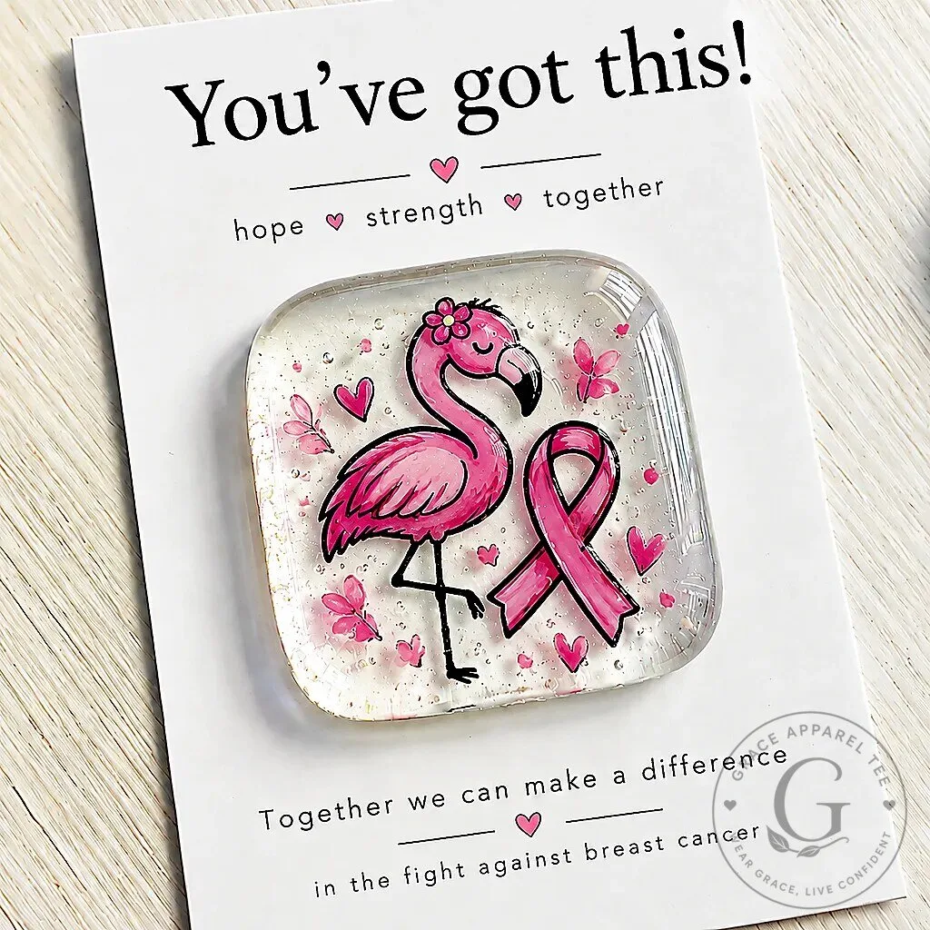 Pink Flamingo Breast Cancer Awareness Hope Strength Together Glass Token