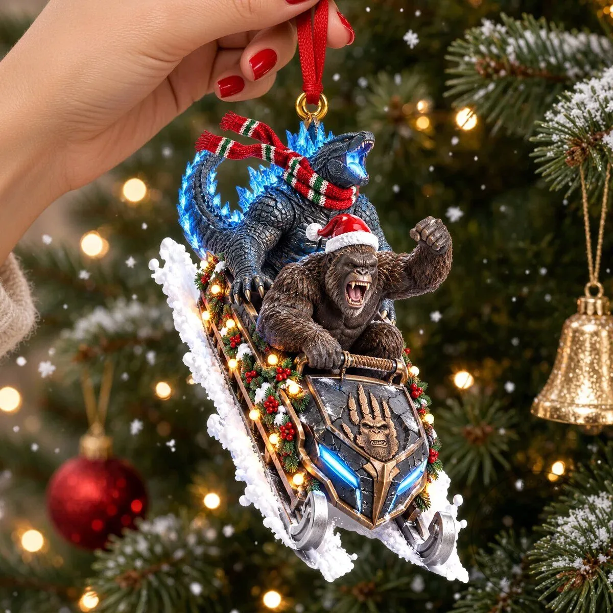 Godzilla and King Kong Christmas Snowmobile Holiday Ornament
