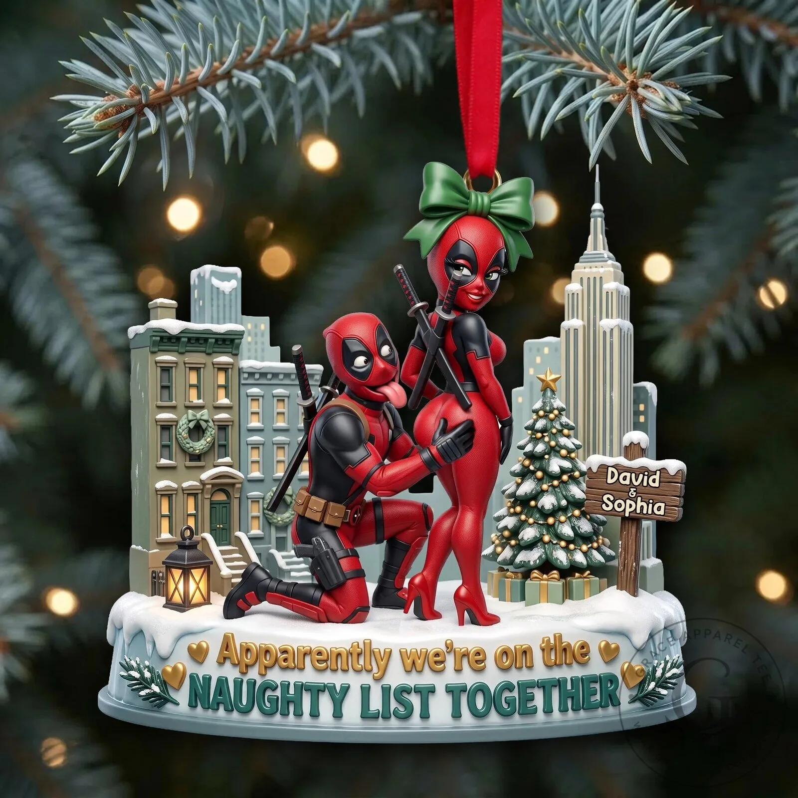 Deadpool Naughty List Together Personalized Christmas Tree Ornament