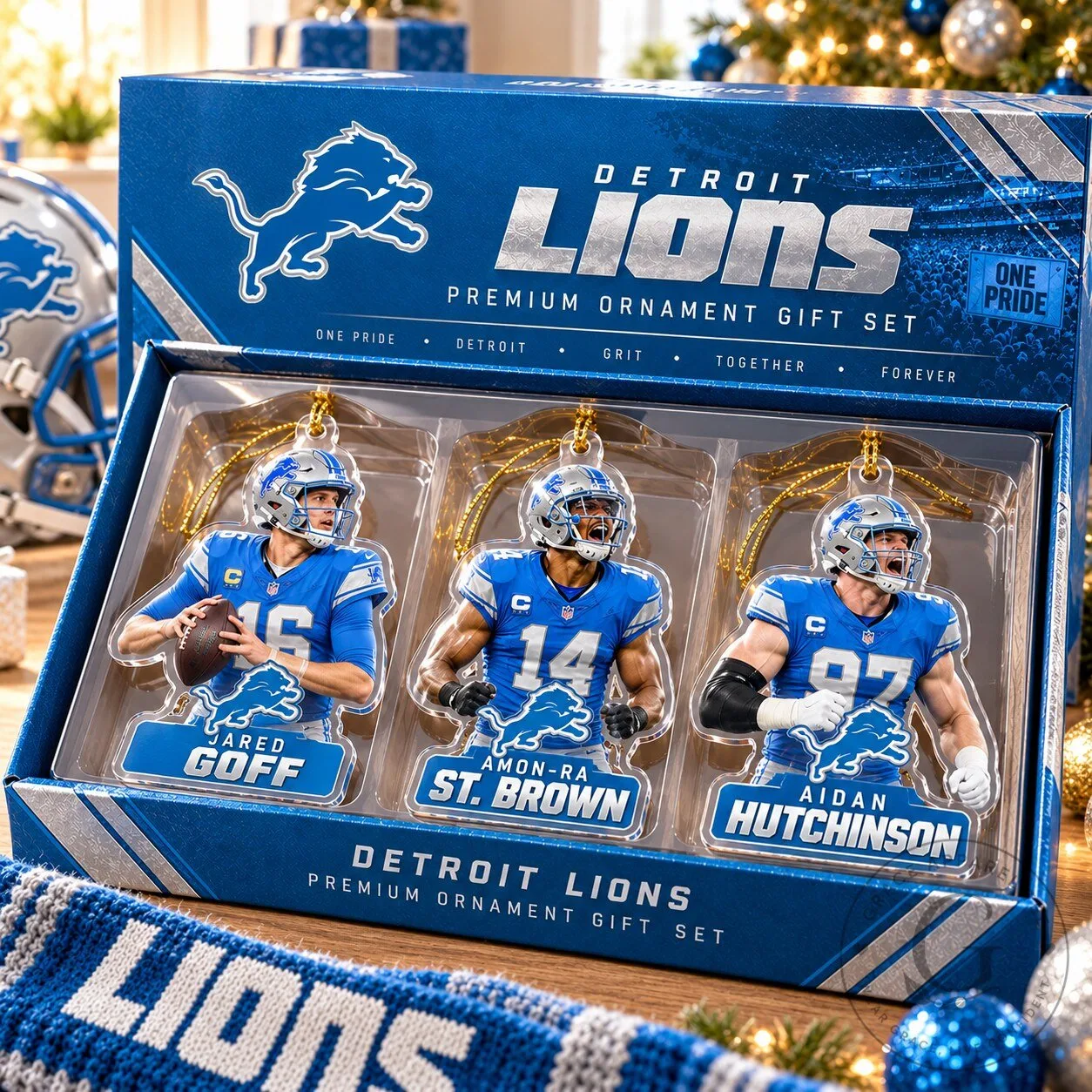 Detroit Lions Premium Ornament Gift Set with Jared Goff, Amon-Ra St. Brown, Aidan Hutchinson 5 Detroit Lions Premium Ornament Gift Set with Jared Goff, Amon-Ra St. Brown, Aidan Hutchinson