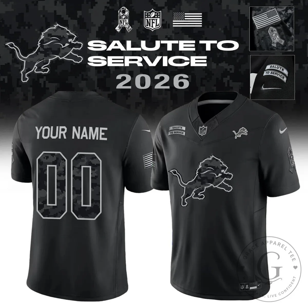 Detroit Lions Salute to Service 2026 Black Custom Football Jersey