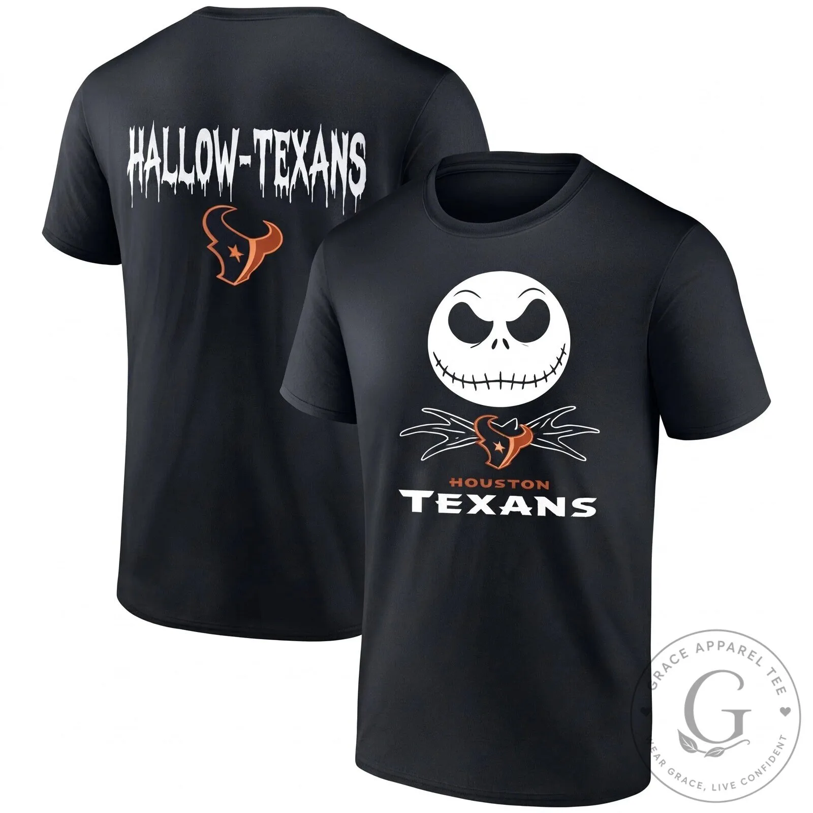Houston Texans Halloween Jack Skellington Hallow-Texans Black T-Shirt