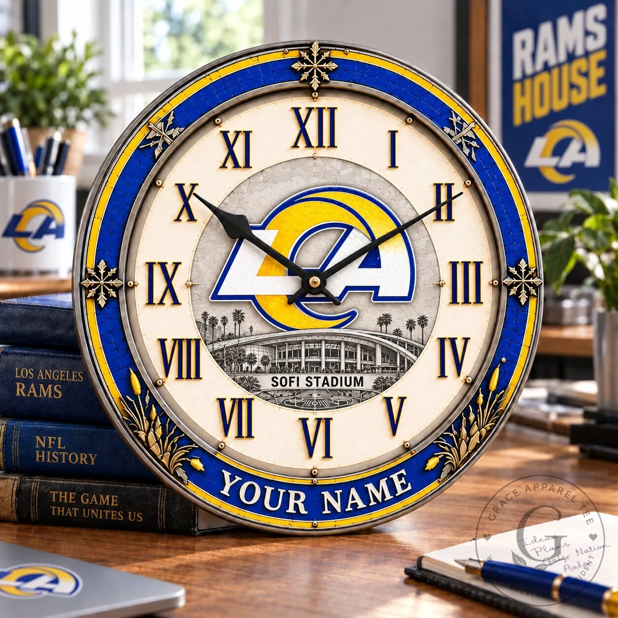 Los Angeles Rams SoFi Stadium NFL Round Wall Clock with Custom Name