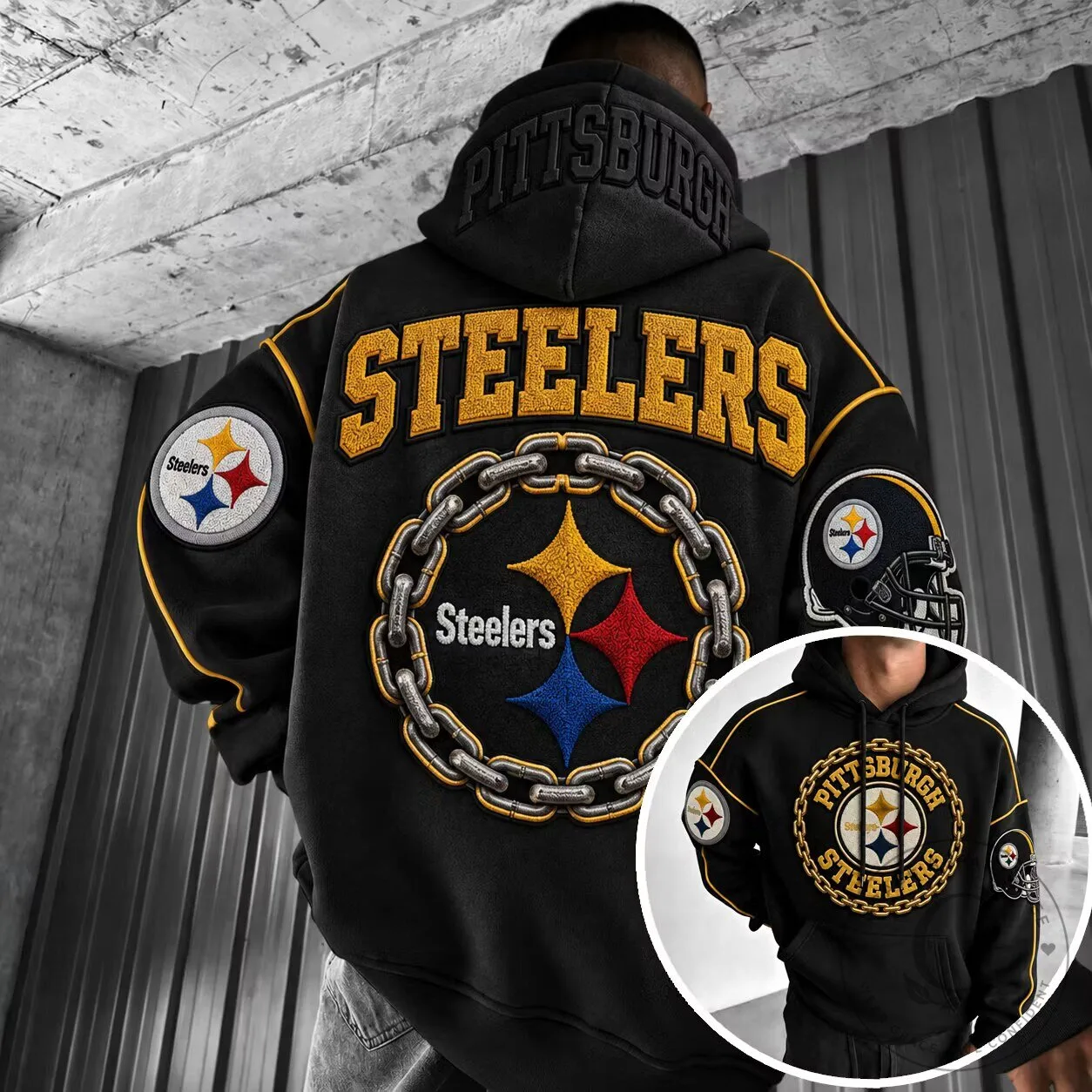 Pittsburgh Steelers NFL Football Team Chain Logo Embroidered Black Hoodie