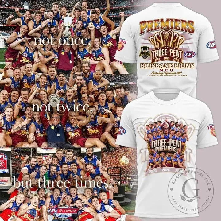 Brisbane Lions AFL Three-Peat Premiers 2024 2025 2026 Commemorative T-Shirt