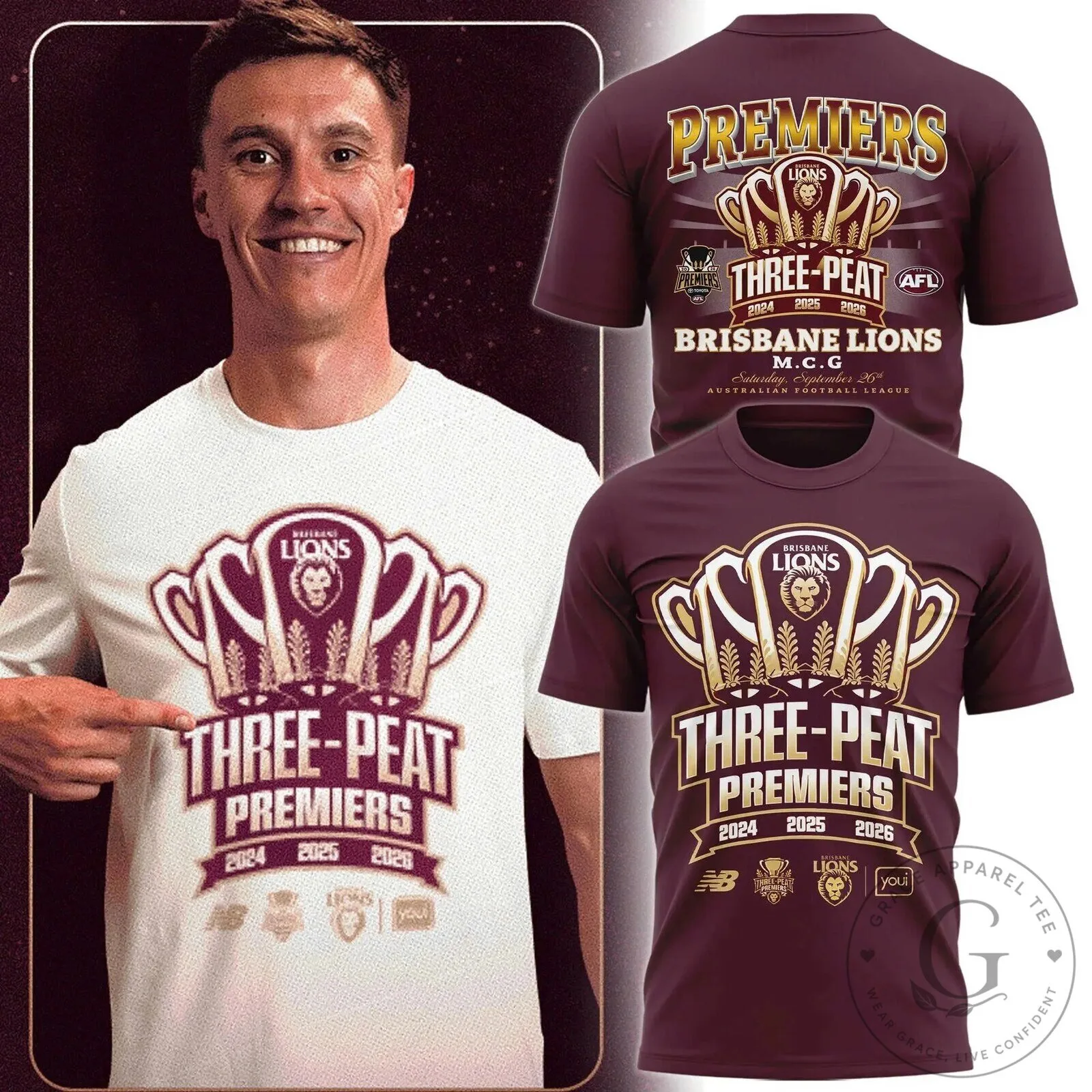 Australian Football League Brisbane Lions Three-Peat Champions T-Shirt 2024 2025 2026