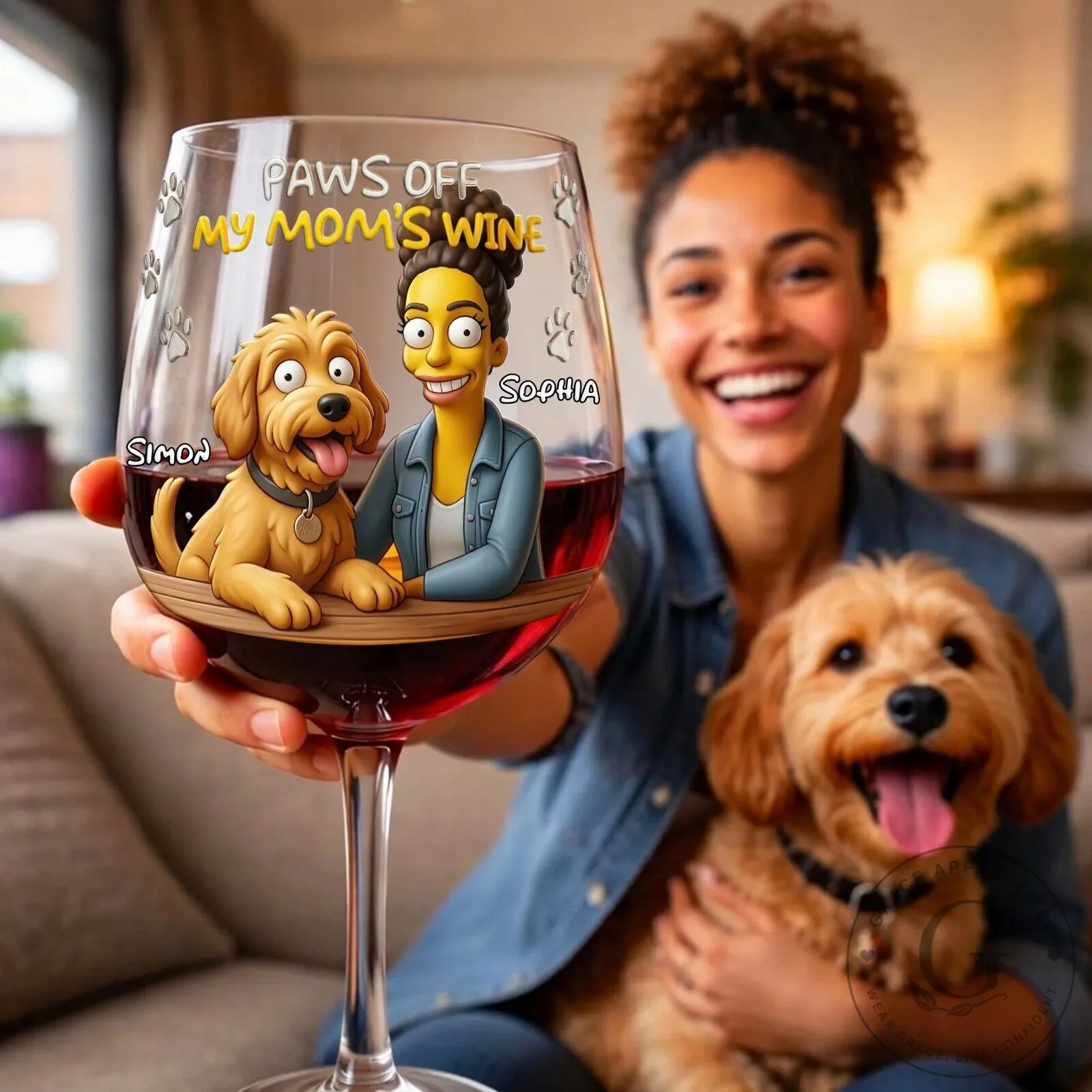 Personalized Paws Off My Mom's Wine Glass with Custom Pet and Owner Portrait