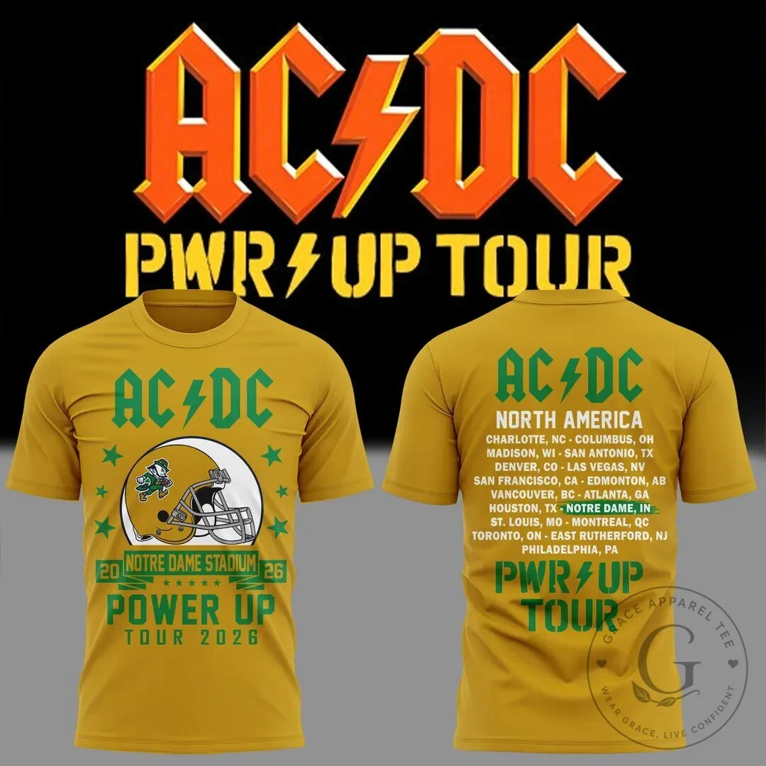 Notre Dame Football AC/DC Power Up Tour 2026 Concert Gold T-Shirt