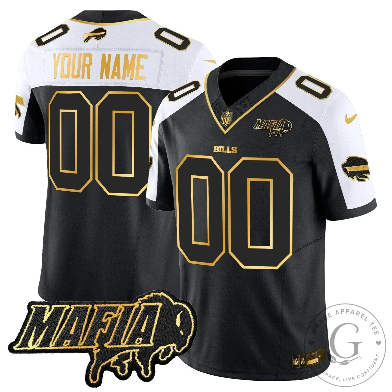 Bills Mafia Black and Gold Limited Edition Custom Football Jersey