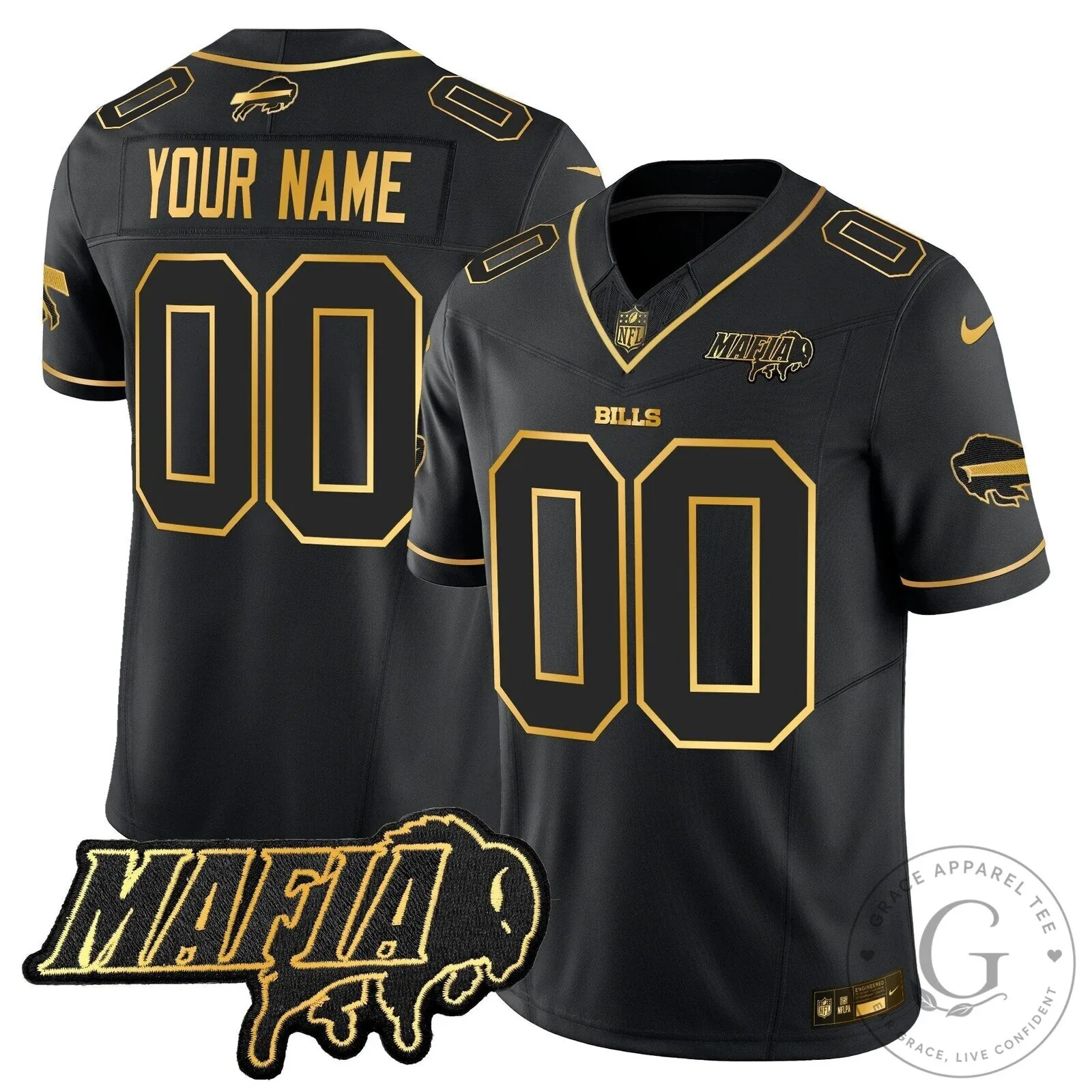 Bills Mafia Black and Gold Limited Edition Custom Football Jersey 10 Bills Mafia Black and Gold Limited Edition Custom Football Jersey