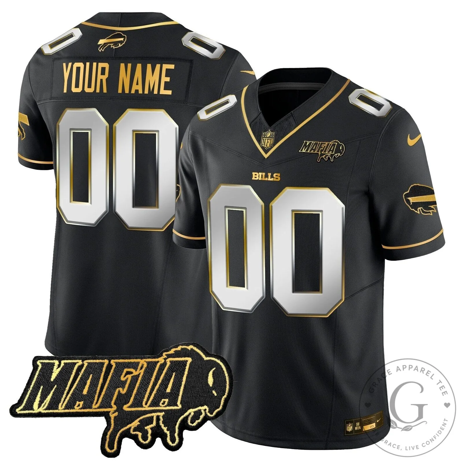 Bills Mafia Black and Gold Limited Edition Custom Football Jersey 11 Bills Mafia Black and Gold Limited Edition Custom Football Jersey