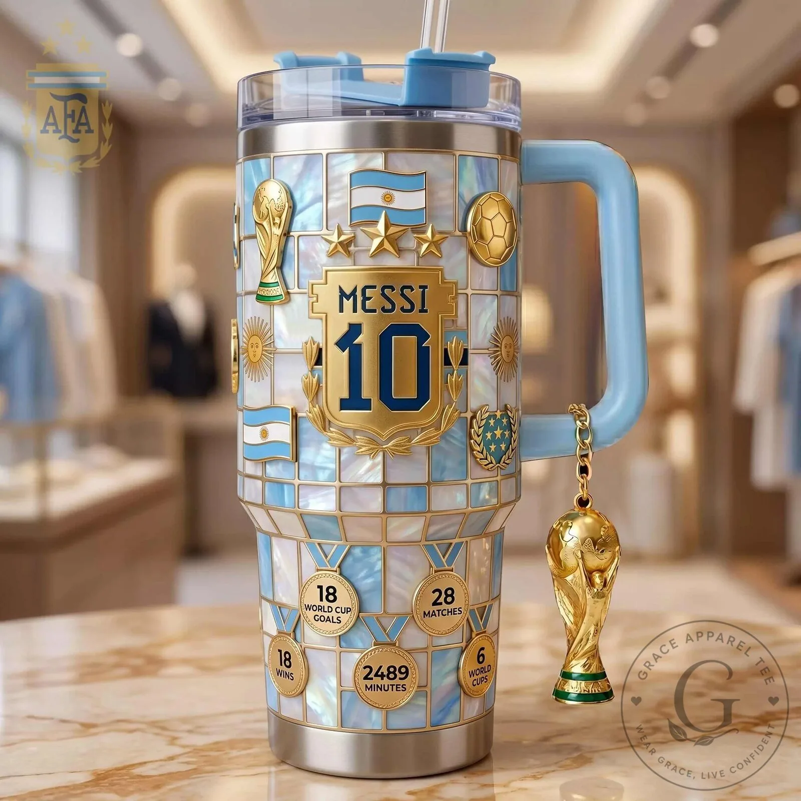 Lionel Messi Argentina World Cup Champion Stainless Steel Tumbler with Handle