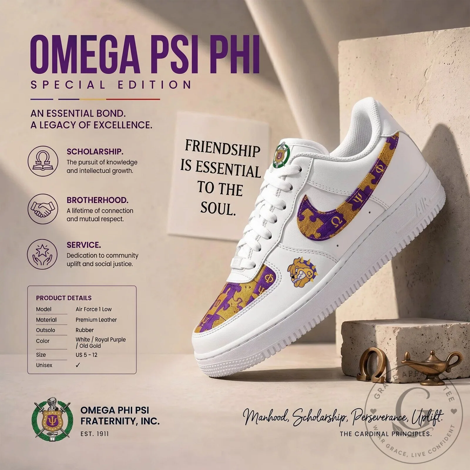 Omega Psi Phi Fraternity Air Force 1 Low Premium Leather Shoes