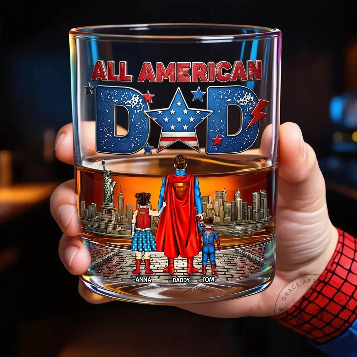 All American Dad Personalized Whiskey Glass with Superhero Family Design