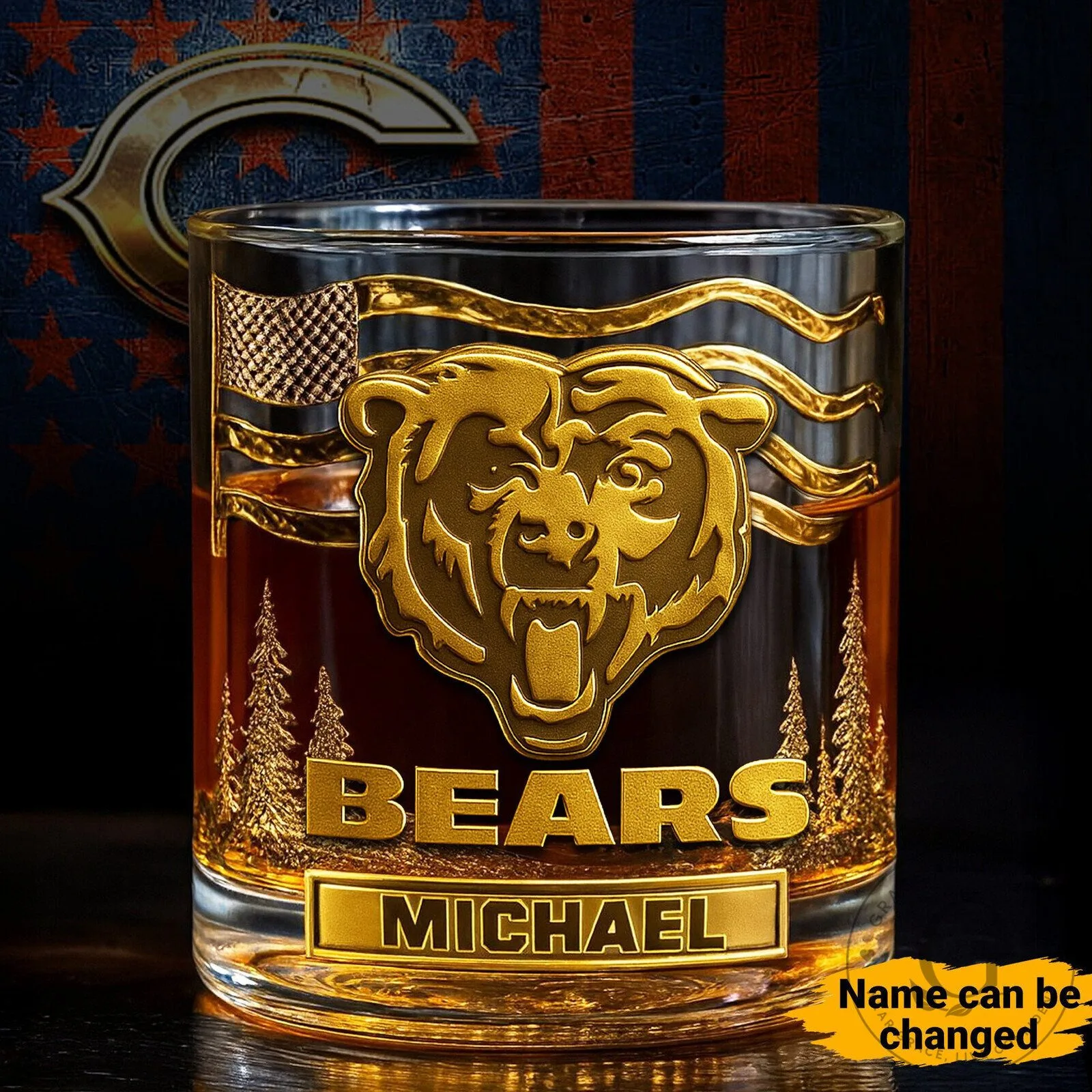 Chicago Bears American Flag Personalized Whiskey Glass